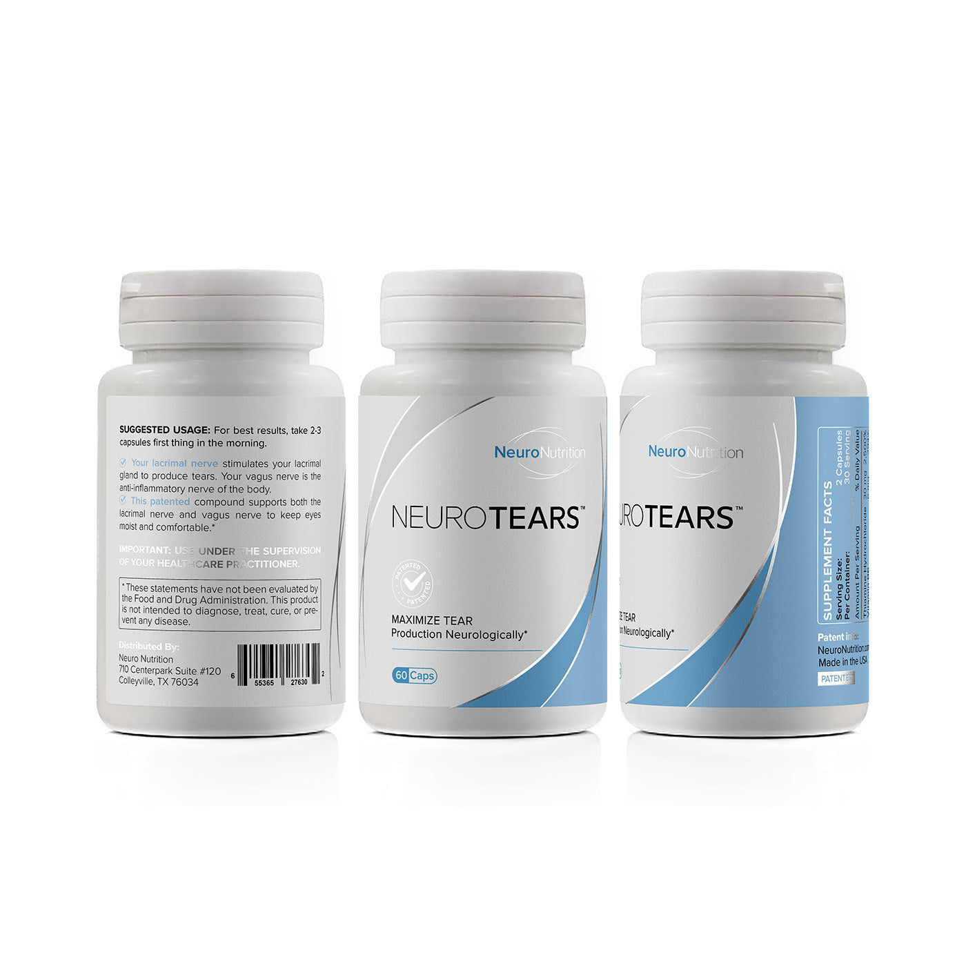 Front and back view of Neurotears bottle. The front showcases the product branding, while the back provides detailed supplement facts including essential nutrients and daily values.