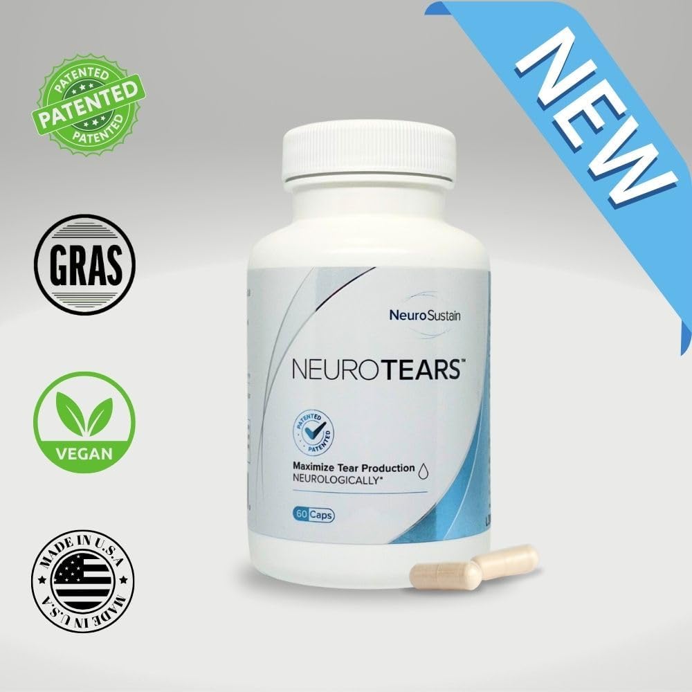 A bottle of "NeuroTears" dietary supplement with the label "Maximize Tear Production Neurologically," indicating it is vegan, patented, GRAS, and made in the USA.